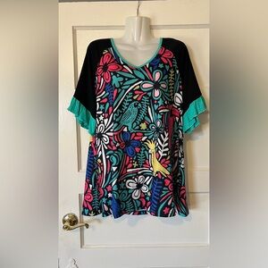 Black Multicolor Floral & Bird V-Neck Blouse with Turquoise Trim